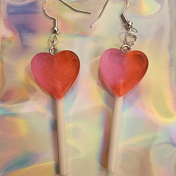 Hand Crafted Jewelry - Handmade Pink Red Ombre Glitter Resin Heart Lollipop Dangle Earrings